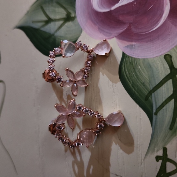 JTV Rose Quartz White Zircon 18K Rose Gold Earrings - Picture 2 of 10